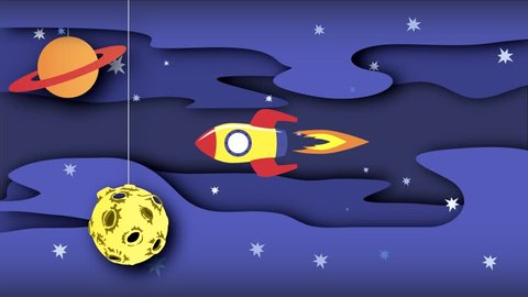 Cartoon Space.
Cartoon rocket flies in outer space past the suspended planets, satellites and other objects. Flat animation.