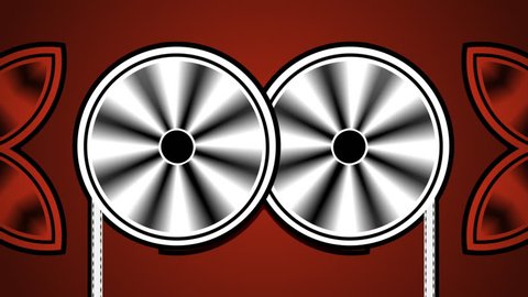 Two film / movie reels spin side by side in stylized animation