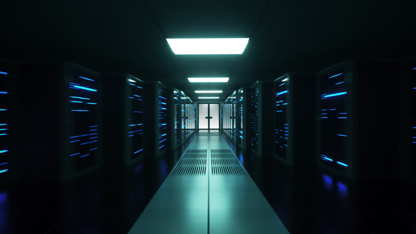 Data and network servers with blue lights behind glass panels fly into a server room as the camera shakes. Fast backward dolly shot, 4K High Quality Animation | Shutterstock HD Video #1025869412