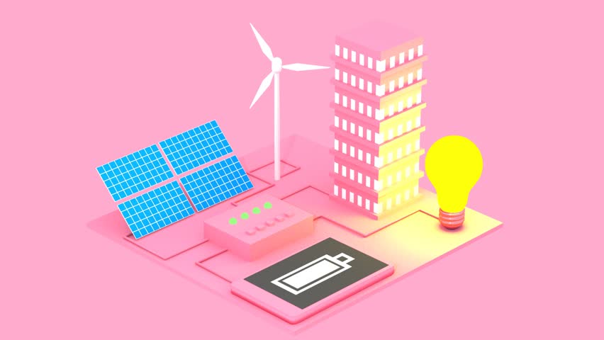 Concept of alternative ecological sources of energy as sun batteries and windmills abstract 3D animation. Provision of electricity for a city | Shutterstock HD Video #1025875079