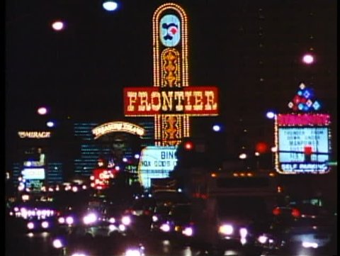 LAS VEGAS, NEVADA, 1994, Night on the Strip, traffic, neon signs, Frontier Hotel