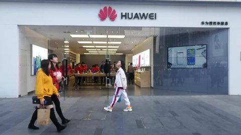 Chengdu, Sichuan / China - March 11 2019: Huawei retail store in downtown shopping district. Huawei has become the most popular brand in China and beat Apple and Samsung in smart phone sales.