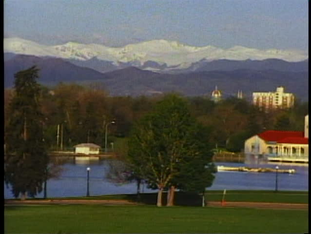 DENVER, COLORADO, 1994, City skyline, mountains in background, classic view