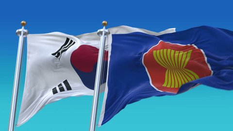 4k Seamless Association of Southeast Asian Nations and South Korea Flags with blue sky background,A fully digital rendering,The animation loops at 20 seconds,ASEAN ROK KR. cg_06748_4k