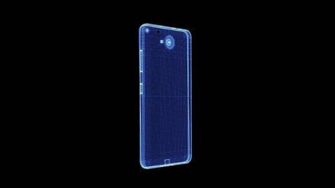 Hologram of a rotating modern smartphone from particles. 3D animation of high tech mobile phone with seamless loop