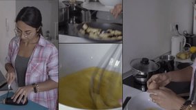 Collage of medium and close up shots of young woman in homewear cutting eggplants, frying them, smashing and beating eggs. Cooking concept