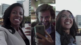 Collage of young happy mixed-race and Afro-american women and Caucasian man outside talking on phone, having video chat. Work, lifestyle concept
