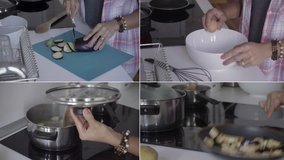 Collage of close up shots of young womens hands cutting eggplants, frying them, smashing eggs, boiling something. Cooking concept