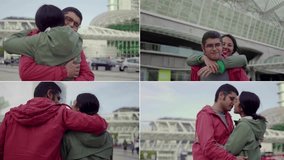 Collage of medium shots of young attractive couple having date, hugging, kissing, walking together. Love concept