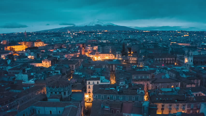 Town at the foot of Mount Etna in Sicily, Italy