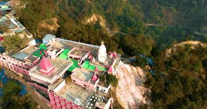 Aerial View of the holy town of Uttarakhand, India, Haridwar.Showing Mansa Devi Temple, Haridwar sacred town and Holy River Ganga.