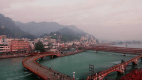 Timelapse of Crowd (pilgrims)and Holy Ganga River at Haridwar Har Ki Pauri Ghats, Haridwar, India