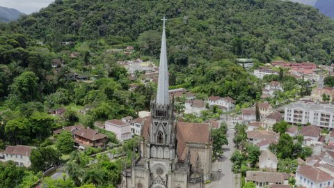 Aerial shot of Petropolis Cathedral and city, Brazil