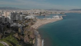 Aerial drone view video of sea near beach with birds fly, Attica, Greece