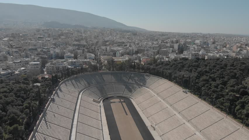Aerial drone video of iconic Panathenaic stadium or Kalimarmaro, Athens historic centre, Attica, Greece