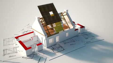 3D animation showing the different house construction stages from blueprints to the roofing installation