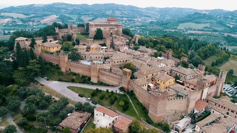 Aerial view of the Gradara Castle, The Malatesta Fortress where the lovers Paolo and Francesca died. Gradara, Pesaro, Urbino, Italy