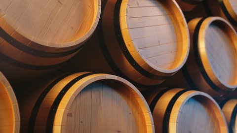 Wine or Whiskey in vaults. Barrel in the basement. Wine, beer, Whiskey barrels stacked at the warehouse. Looped animation. 3D animation