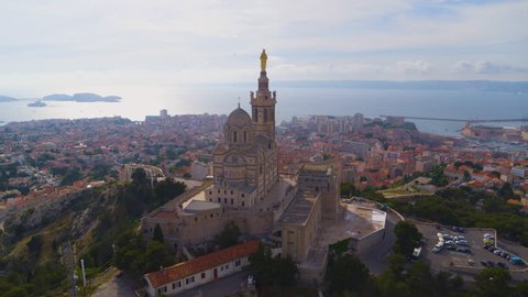 Drone shot of Notre Dame Cathedral in Marseille, France