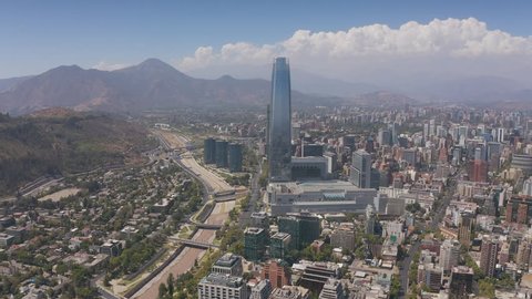 Aerial shots of Santiago city and Costanera Center Tower - Gran Torre Santiago. Las Condes. 2019 - February 