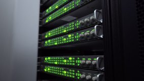 Side view. Web network, internet telecommunication technology, big data storage. server room interior in datacenter in green light. - Powered by Shutterstock - Get 15% off with code: PIKWIZARD15