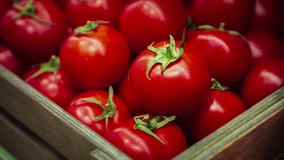 Footage of fresh ripe tomatos in wooden box at food store.Buy natural salad ingredients in organice foods shop.Raw vegetarian nutrition concept.Buy red tomato vegetables at farmer market