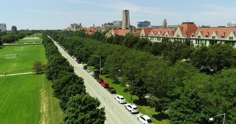 Chicago, Illinois/USA - August 15, 2018: Scenic aerial view of The University of Chicago’s campus. 