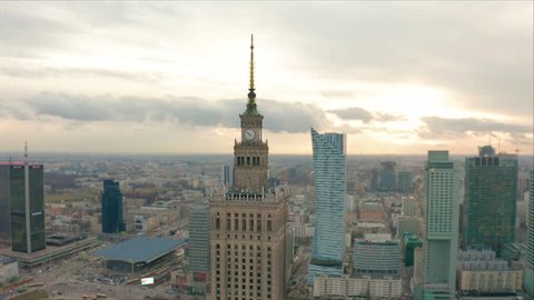Aerial view of Warsaw dawntown, Palace of Culture, Poland