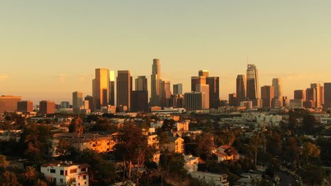 Los Angeles Downtown from Echo Park Aerial Establish Shot Sunset