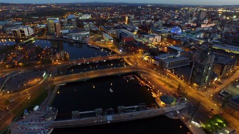 Belfast, Northern Ireland, City Centre Aerial, Dusk.