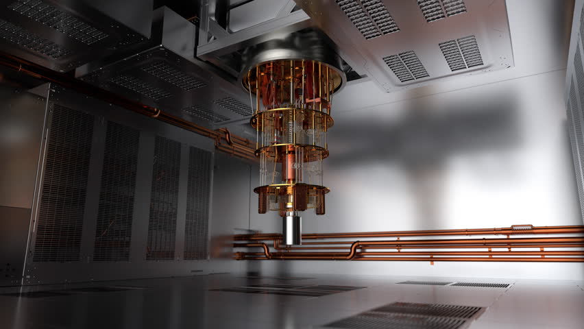 Quantum computer environment, it can appreciate the pipes and cooling system that keep the low temperature reacquire for this kind of computation system.
 Royalty-Free Stock Footage #1025972012