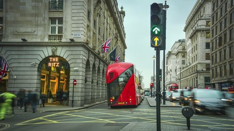 LONDON- MARCH, 2019: Time lapse of The Ritz luxury hotel on Piccadilly, Mayfair. A famous and busy street in London's West End