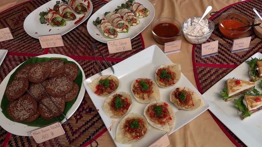 Buffet with Vegan Food for Sale. Healthy Vegeterian Snacks, Sauces and Sandwiches. Green Lifestyle