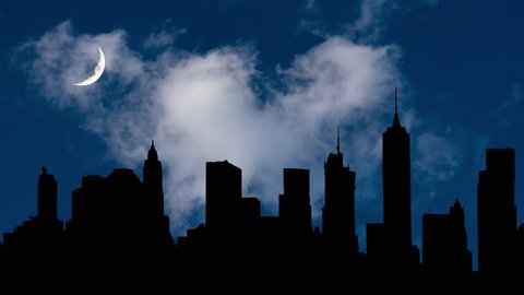 Brooklyn, New York, Skyline, Quarter Moon, Clouds Timelapse