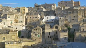 Panorama of the medieval city of Matera, tuff cities of Italy. Basilicata Unesco heritage Europe. 4K UHD video