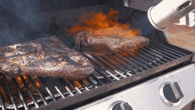 Flame grilling beef on a barbecue grill in slow motion. Fire shoots out of a flame thrower over sizzling smoked meats. Action shot would be perfect for videos on summertime grilling competitions.