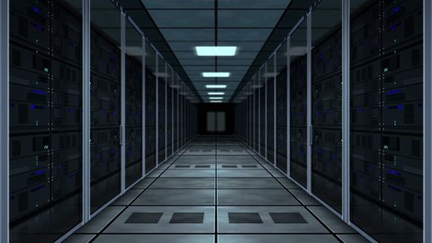 Concept of cyber security, data storage, digital server room, database and information analizing. Fly among rack servers tunnel loop and seamless animation.