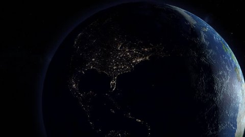 A simulated continental power outage as seen from space. North America version.  	