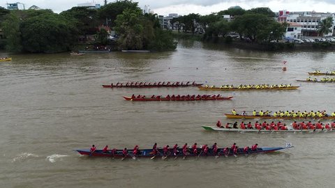 kuching sarawak 17 sept. 2018 : view drone dramatic boat race festival regatta sarawak at river sarawak