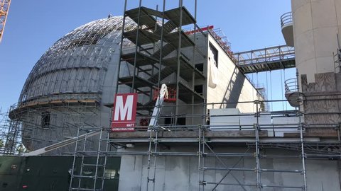 LOS ANGELES, Mar 15, 2019: A recent clip showing the construction site and "death star" of the upcoming Academy Museum of Motion Pictures film museum next to LACMA, Los Angeles County Museum of Art.