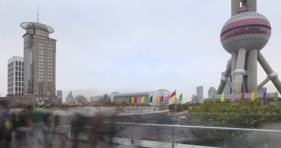 Timelapse of viewing deck next to Oriental Pearl Tower in Shanghai