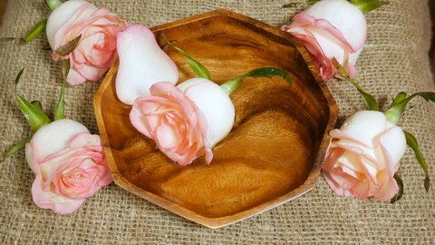 pink roses floating in water bowl, spa concept