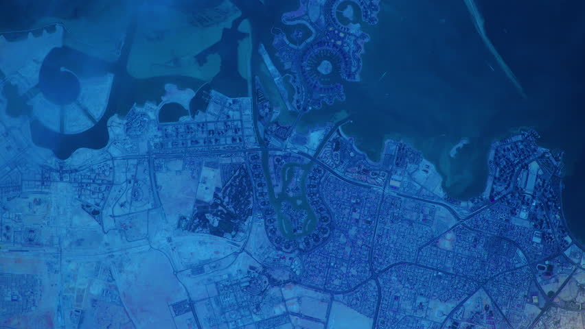 Satellite view of Doha Capital City of Qatar night to day sunrise animation. Contains public domain image by Nasa