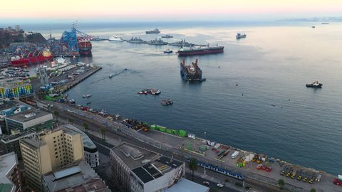 Aerial drone view of the harbor port of San Antonio and the City, Valparaiso, Chile.