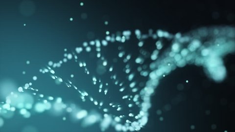 Abstract glittering particle form to DNA double helix with depth of field. Animation of DNA construction. Science animation. Genom futuristic footage. Conceptual design of genetics information.