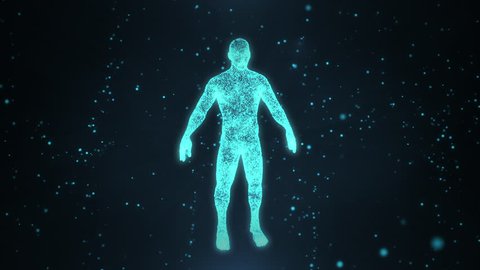 Human 3d hologram from point or dusts in motion. Human hologram in a cloud of compounds.