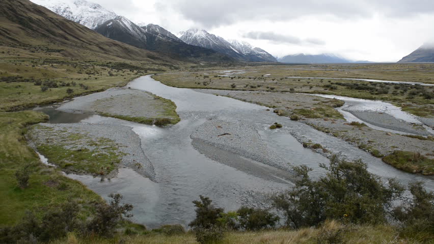 Tasman River valley and depressing cloudscape near Mount Cook, New Zealand