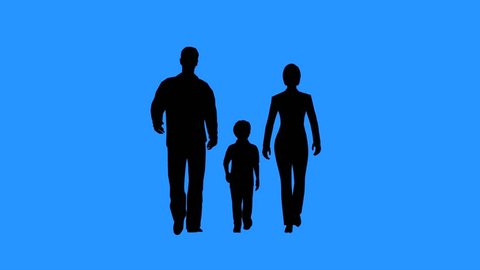 Family walking together. Family values or child adoption concept. Silhouettes of family on blue background.