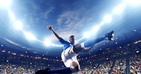 Soccer player succeed in making a strong kick with his feet while jumping horizontally. The player is wearing unbranded soccer uniform. The stadium and crowd are made in 3D and animated.