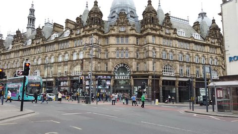 Leeds UK - 21st March 2019: The famous Leeds Kirkgate Market in Leeds City Centre West Yorkshire, showing the historic stone building in the heart of the Leeds City Centre 